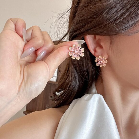 Luxury Pink CZ Flower Stud Earrings for Women in 925 Sterling Silver with Gold P - Picture 4 of 6